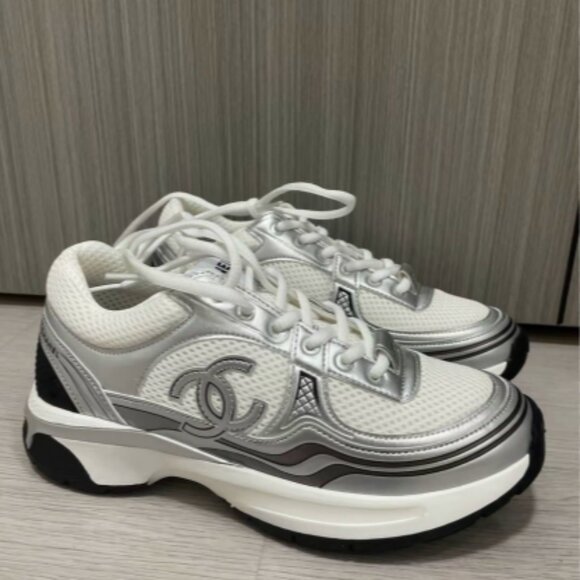 Chanel White and Silver Sneakers Size 9 - Picture 1 of 7